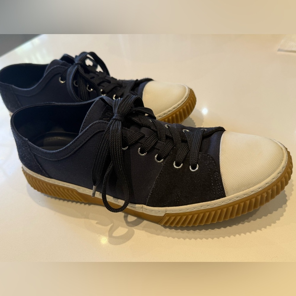 Prada Navy and White Suede/Canvas Sneakers with Brown Sole